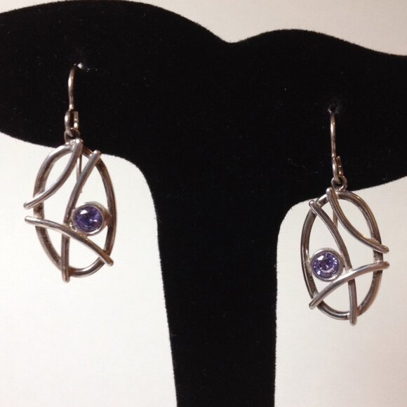 Oval Sterling Silver Earrings Blue Violet Round Tanzanite CZ Pierced Dangle New - Picture 4 of 6